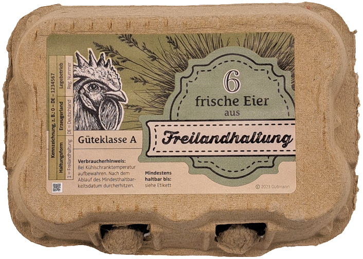 6er TopCom Eierschachtel mit „Freilandhaltung“ Aufdruck Oben Zoom